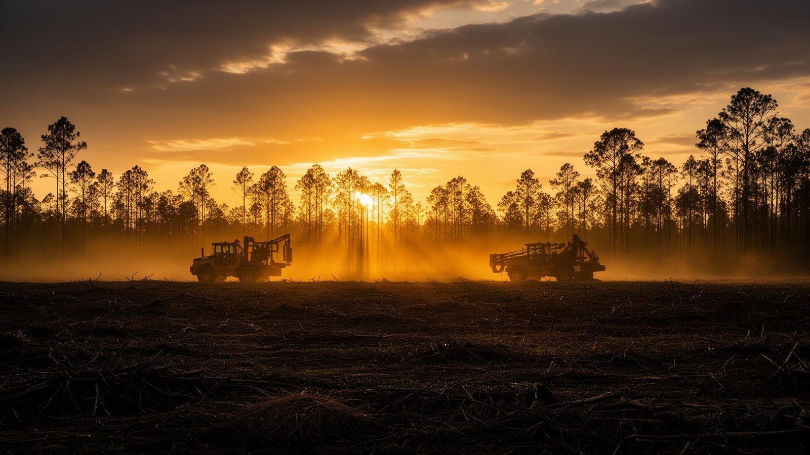 Forestry equipment at sunset