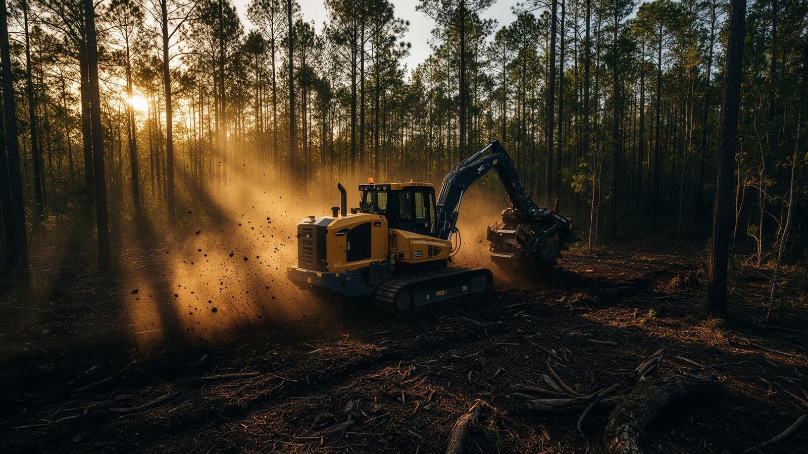 Forestry mulching machine clearing land at golden hour
